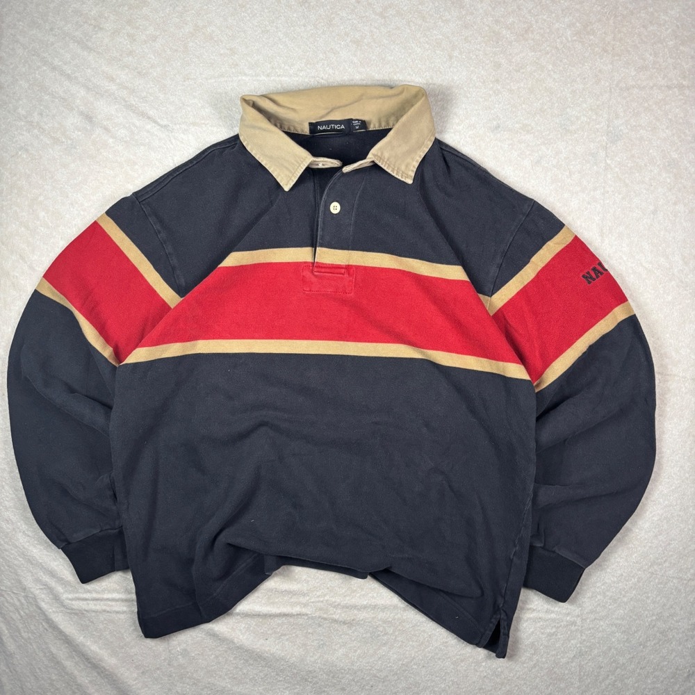 Vintage Navy Nautica Striped Colorblock Rugby Polo Sweatshirt – M